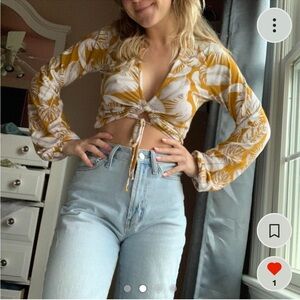 ASOS yellow floral tropical leaf print crop blouse